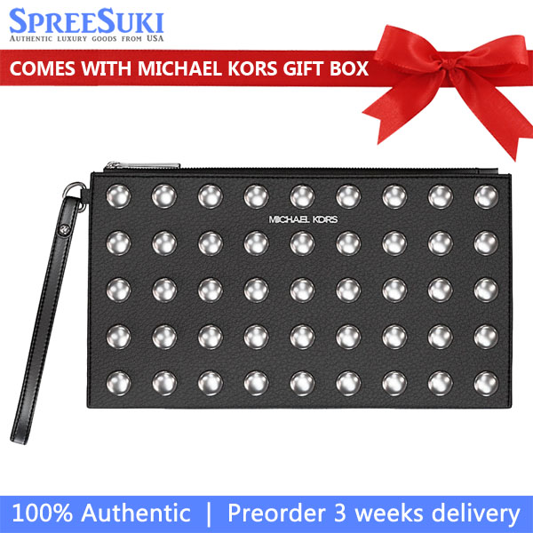 Michael Kors Jet Set Large Studded Pebbled Leather Wristlet Black # 35S5STVW3I