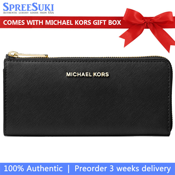 Michael Kors Jet Set Travenuel Large Saffiano Leather Quarter-Zip Wallet Black # 35T6GTVE3L