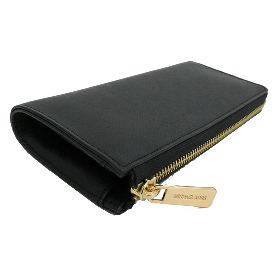 Michael Kors Jet Set Travenuel Large Saffiano Leather Quarter-Zip Wallet Black # 35T6GTVE3L