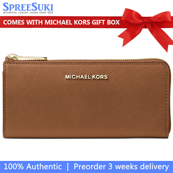 Michael Kors Jet Set Travenuel Large Saffiano Leather Quarter-Zip Wallet Luggage # 35T6GTVE3L