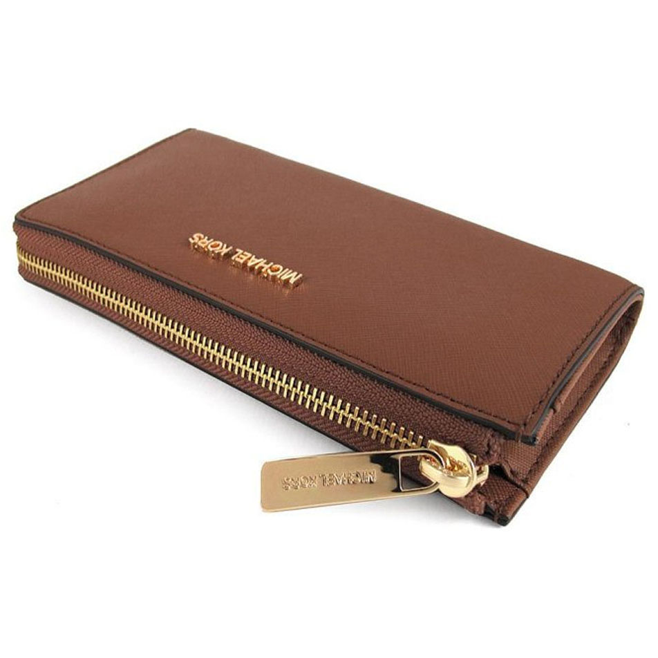 Michael Kors Jet Set Travenuel Large Saffiano Leather Quarter-Zip Wallet Luggage # 35T6GTVE3L