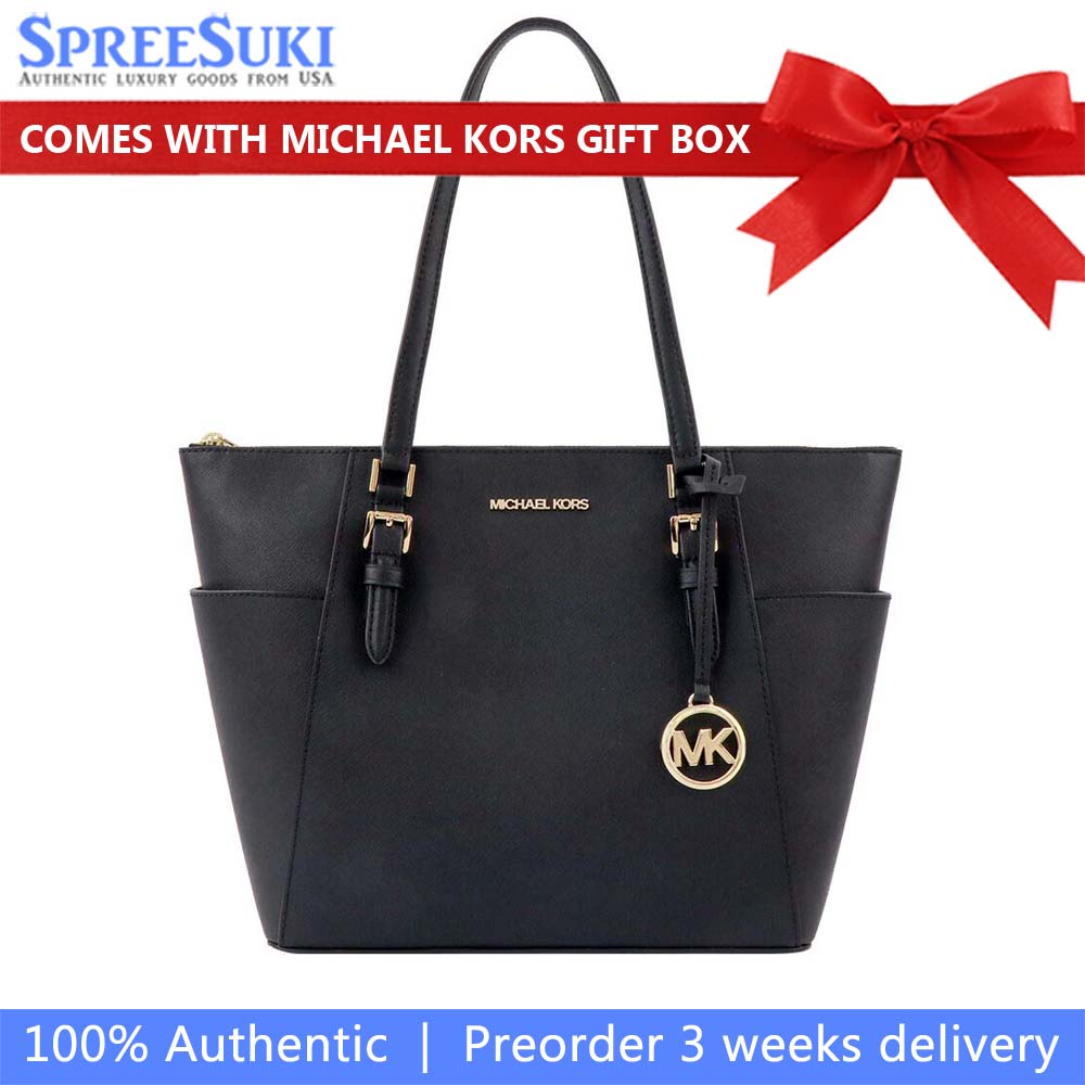 Michael Kors Tote Charlotte Leather Large Top Zip Tote Shoulder Bag Black # 35T0GCFT7L