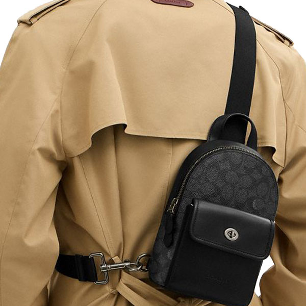 Coach Small Turnlock Sling Pack In Signature Canvas Gunmetal Charcoal Black # CAJ29