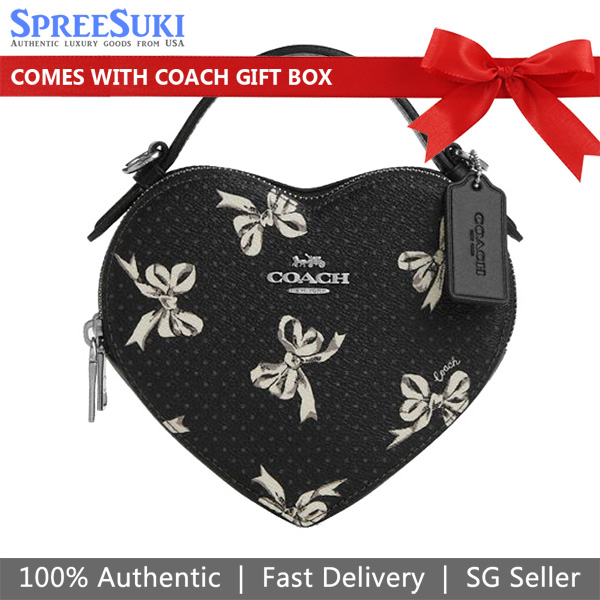 Coach Heart Crossbody Bag With Bow Print Silver Black Multi # CAA99