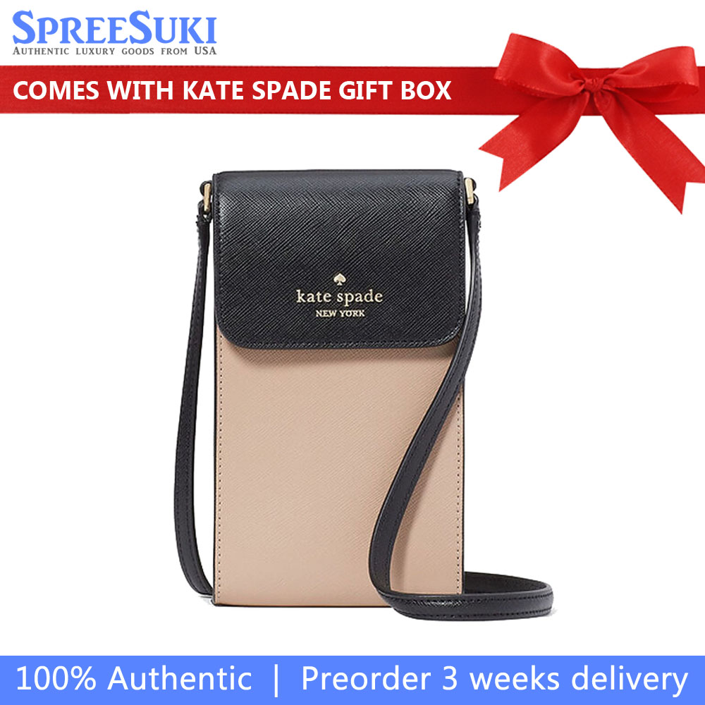 Kate Spade Madison North South Flap Phone Crossbody Bag Sling Saffiano Toasted Hazelnut Beige Black # KC512