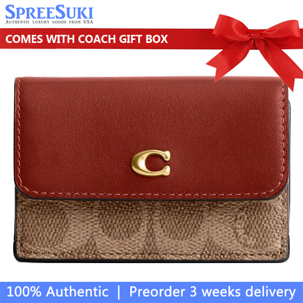 Coach Essential Mini Trifold Wallet In Signature Canvas Brass Tan Rust # CM438