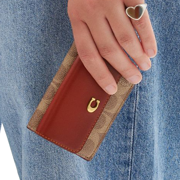 Coach Essential Mini Trifold Wallet In Signature Canvas Brass Tan Rust # CM438