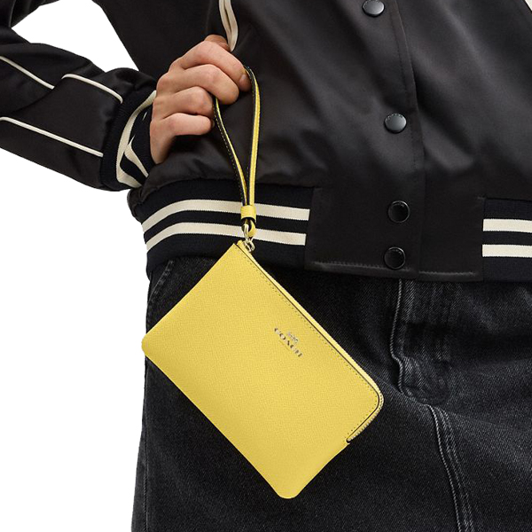 Coach Small Wristlet Crossgrain Leather Corner Zip Yellow # CV396