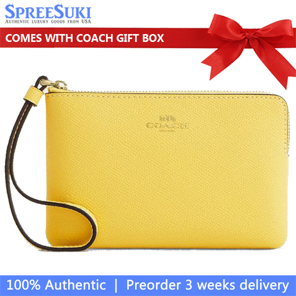 Coach Small Wristlet Crossgrain Leather Corner Zip Yellow # CV396