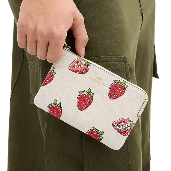 Coach Corner Zip Wristlet With Strawberry Print Chalk Multi # CBB81