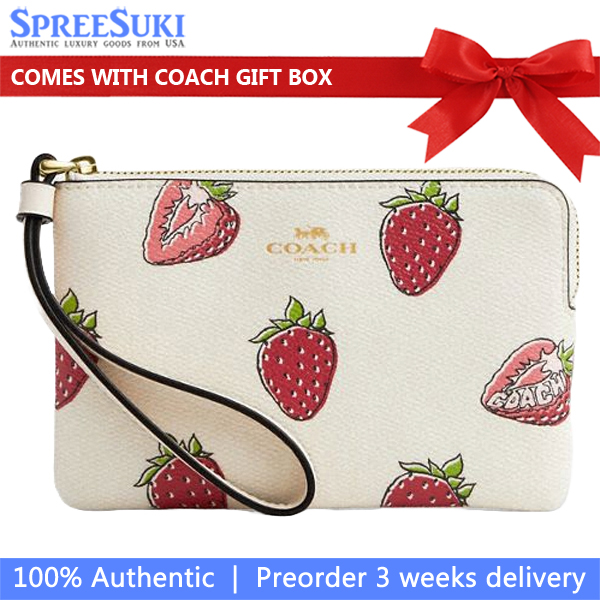 Coach Corner Zip Wristlet With Strawberry Print Chalk Multi # CBB81