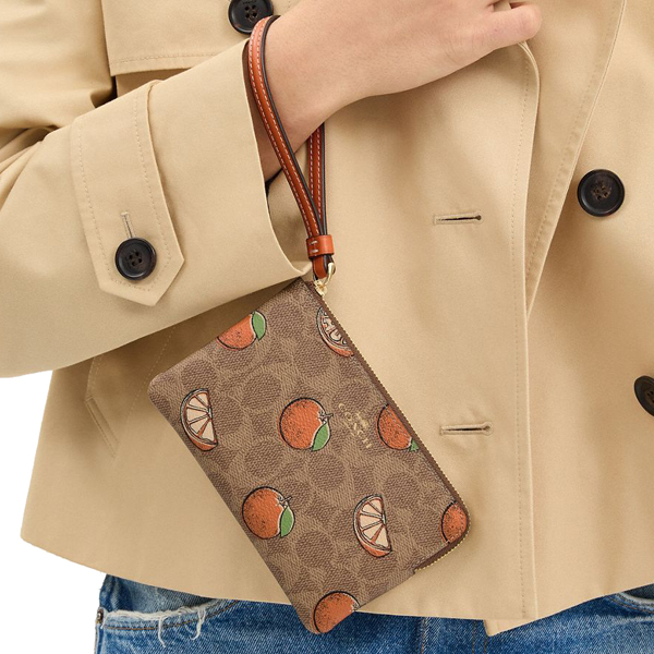 Coach Corner Zip Wristlet In Signature Canvas With Orange Print Tan Multi # CBB82