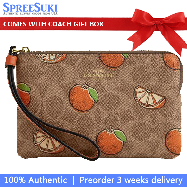 Coach Corner Zip Wristlet In Signature Canvas With Orange Print Tan Multi # CBB82
