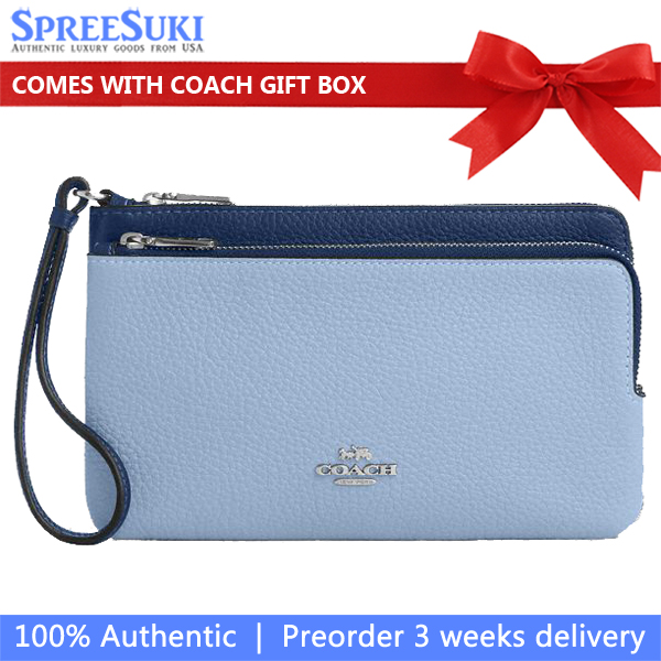 Coach Large Wristlet Contrast Double Zip Wallet Silver Light Blue Deep Blue # CU921