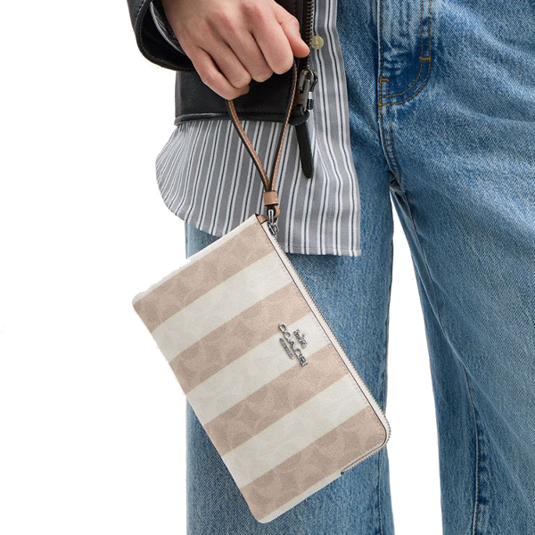 Coach Large Corner Zip Wristlet In Signature Canvas Silver Sand Tan # CBP09
