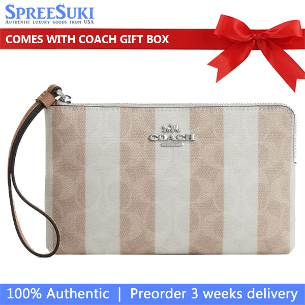 Coach Large Corner Zip Wristlet In Signature Canvas Silver Sand Tan # CBP09
