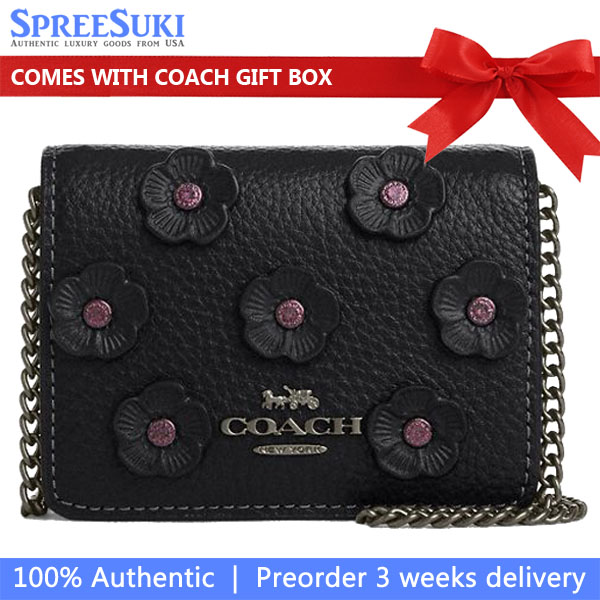 Coach Mini Wallet On A Chain With Floral Applique Gunmetal Black # CAL71