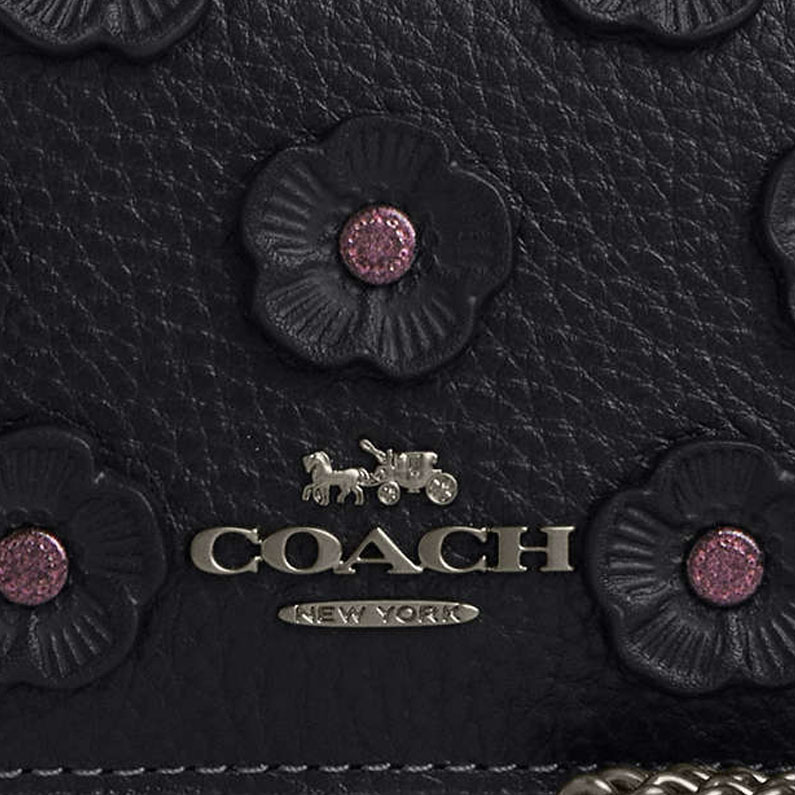 Coach Mini Wallet On A Chain With Floral Applique Gunmetal Black # CAL71
