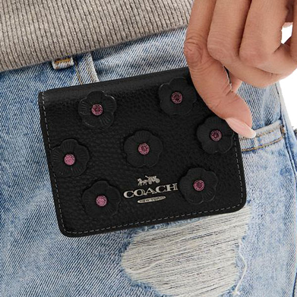 Coach Mini Wallet On A Chain With Floral Applique Gunmetal Black # CAL71