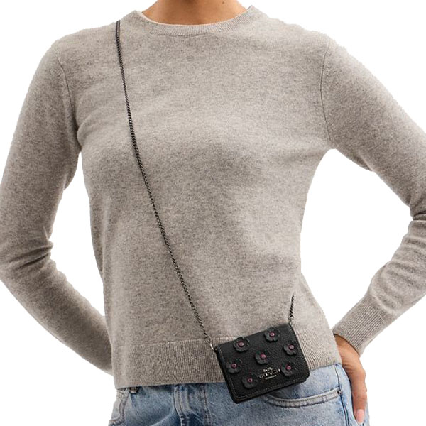 Coach Mini Wallet On A Chain With Floral Applique Gunmetal Black # CAL71