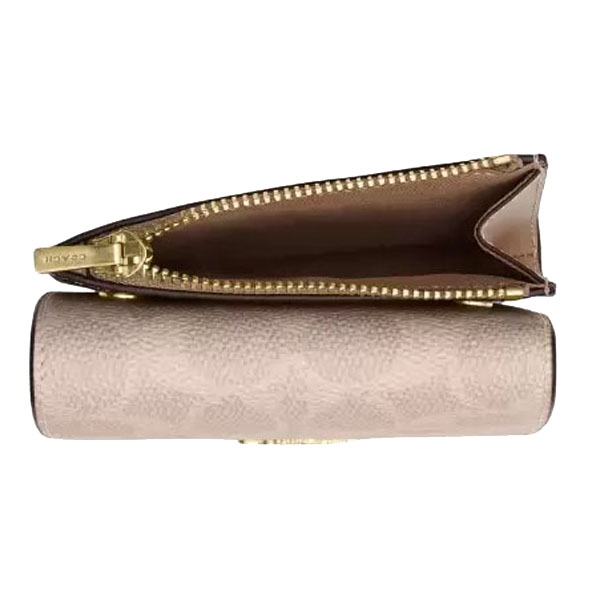 Coach Card Holder Wallet In Blocked Signature Canvas Sand Tan # CZ446