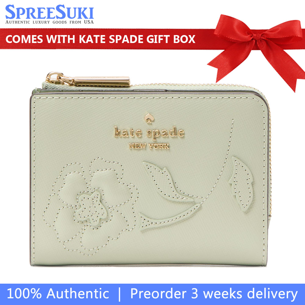 Kate Spade Madison Floral Applique Small L Zip Wallet Sage Bundle # KL870