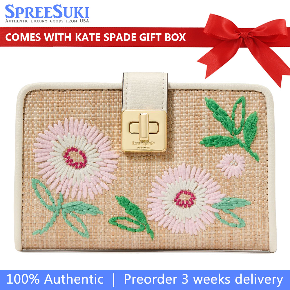 Kate Spade Phoebe Straw Turnlock Medium Wallet Natural Multi # KK918
