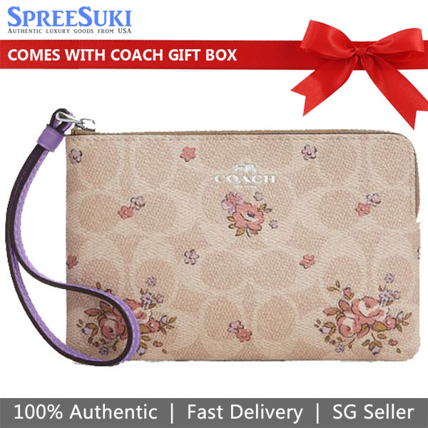 Coach Corner Zip Wristlet In Signature Canvas With Floral Print Silver Sand Multi # CAQ59