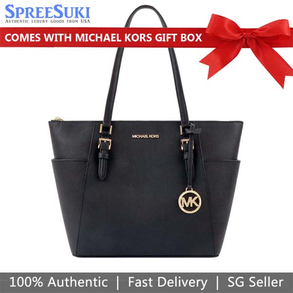 Michael Kors Tote Charlotte Leather Large Top Zip Tote Shoulder Bag Black # 35T0GCFT7L