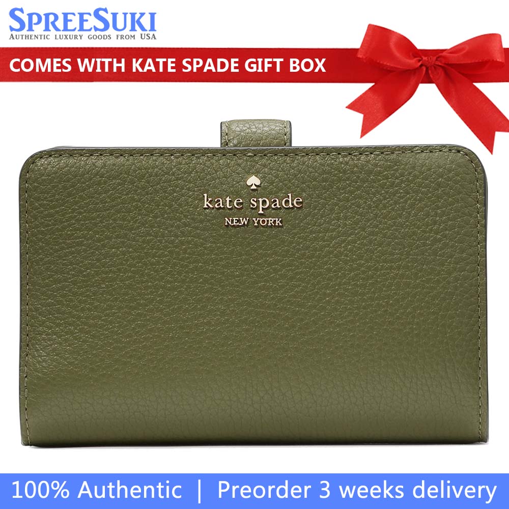 Kate Spade Medium Wallet Lena Pebbled Leather Medium Compact Bifold Wallet Enchanted Green # KH787