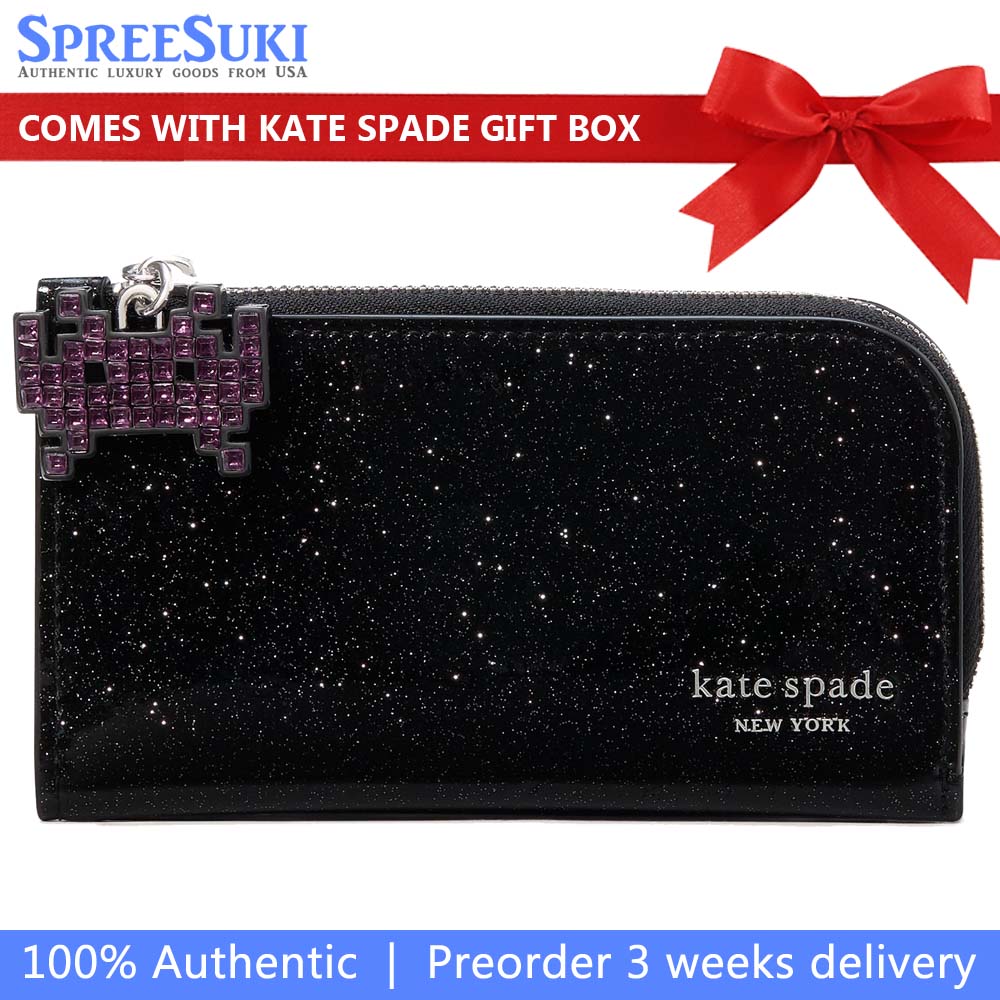 Kate Spade Space Invaders X Kate Spade New York Glitter Patent Small Slim Bifold Wallet Black Multi # KI755