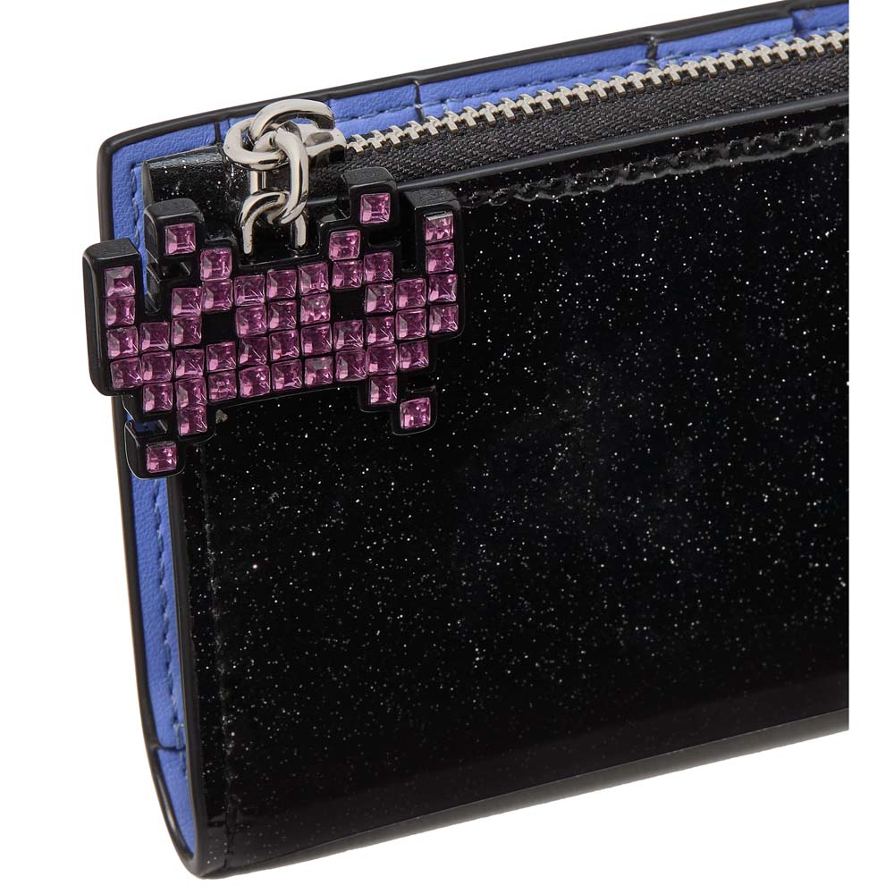 Kate Spade Space Invaders X Kate Spade New York Glitter Patent Small Slim Bifold Wallet Black Multi # KI755