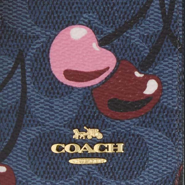 Coach Zip Card Case In Signature Canvas With Cherry Print Denim Blue # CZ468
