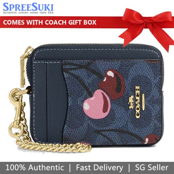 Coach Zip Card Case In Signature Canvas With Cherry Print Denim Blue # CZ468