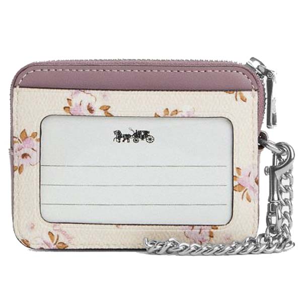 Coach Zip Card Case With Floral Print Silver / Chalk Off White Light Purple # CAU43