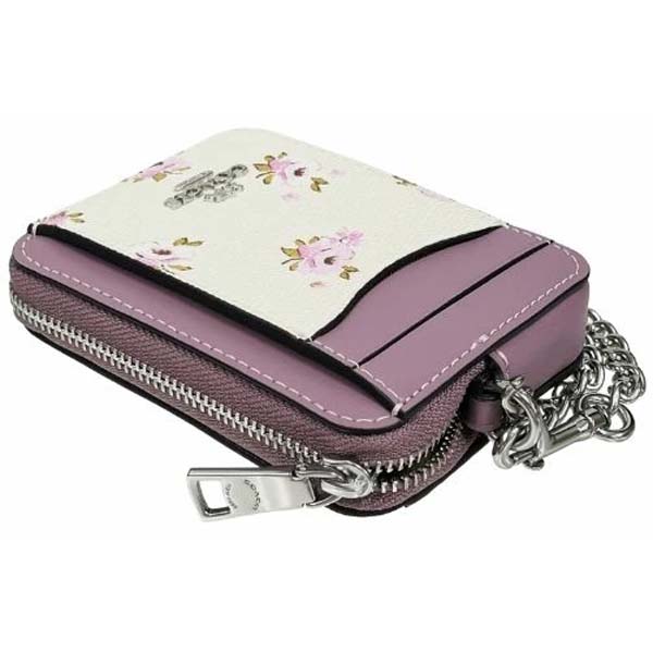 Coach Zip Card Case With Floral Print Silver / Chalk Off White Light Purple # CAU43