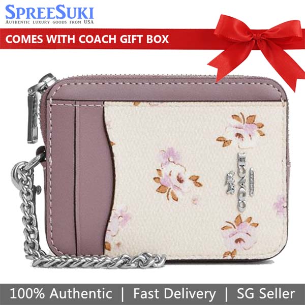 Coach Zip Card Case With Floral Print Silver / Chalk Off White Light Purple # CAU43