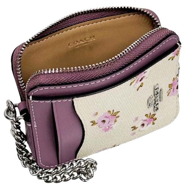 Coach Zip Card Case With Floral Print Silver / Chalk Off White Light Purple # CAU43