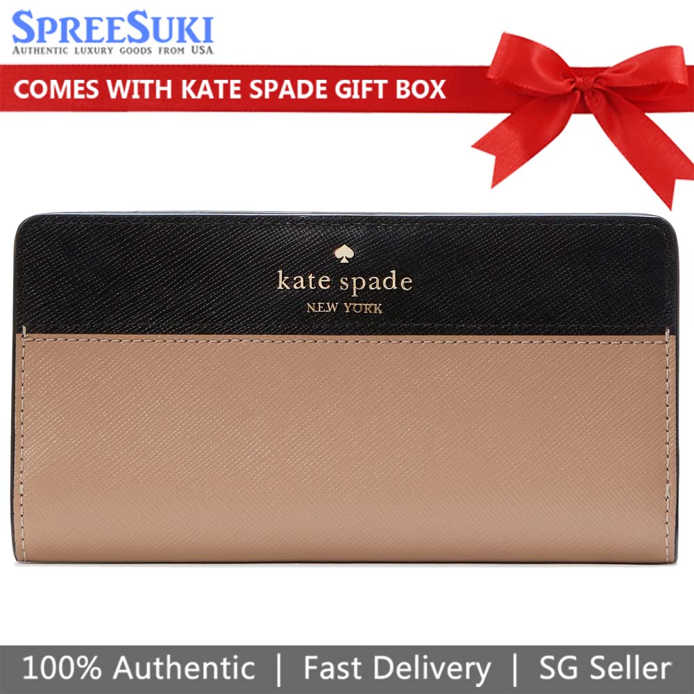 Kate Spade Long Wallet Madison Colorblock Large Slim Bifold Toasted Hazelnut Beige Nude Black # KI367
