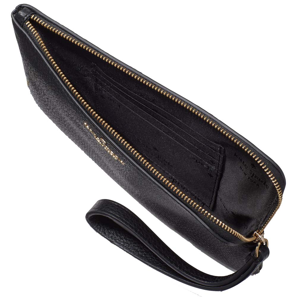 Kate Spade Large Wristlet Leila Pebbled Leather Medium L-Zip Wristlet Black # KE933
