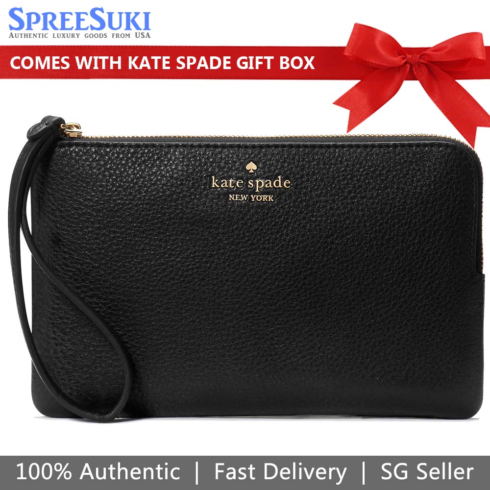 Kate Spade Large Wristlet Leila Pebbled Leather Medium L-Zip Wristlet Black # KE933