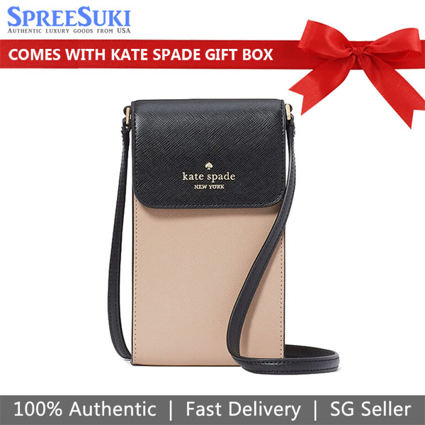 Kate Spade Madison North South Flap Phone Crossbody Bag Sling Saffiano Toasted Hazelnut Beige Black # KC512
