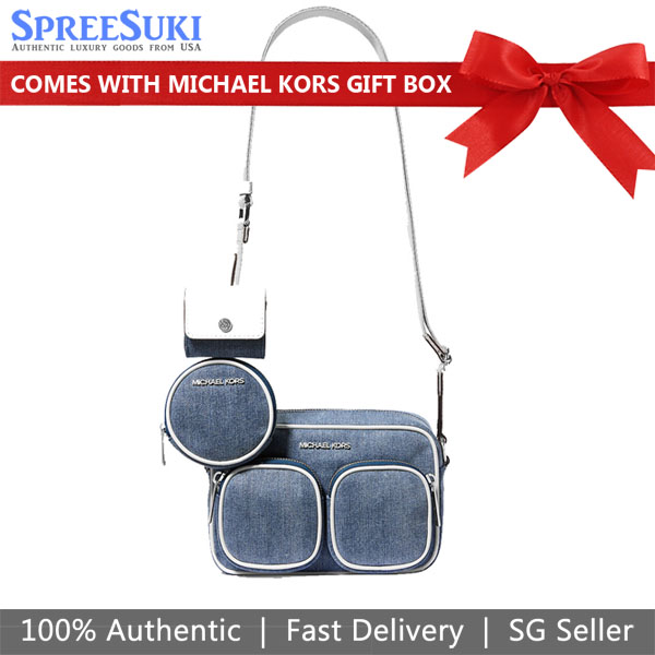 Michael Kors Jet Set Medium Denim Crossbody Bag With Case For Apple Airpods Pro Denim # 35R5STTC2C