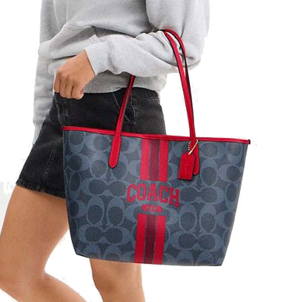 Coach City Tote Bag In Signature Canvas With Coach Graphic Denim Bold Red # CBI79
