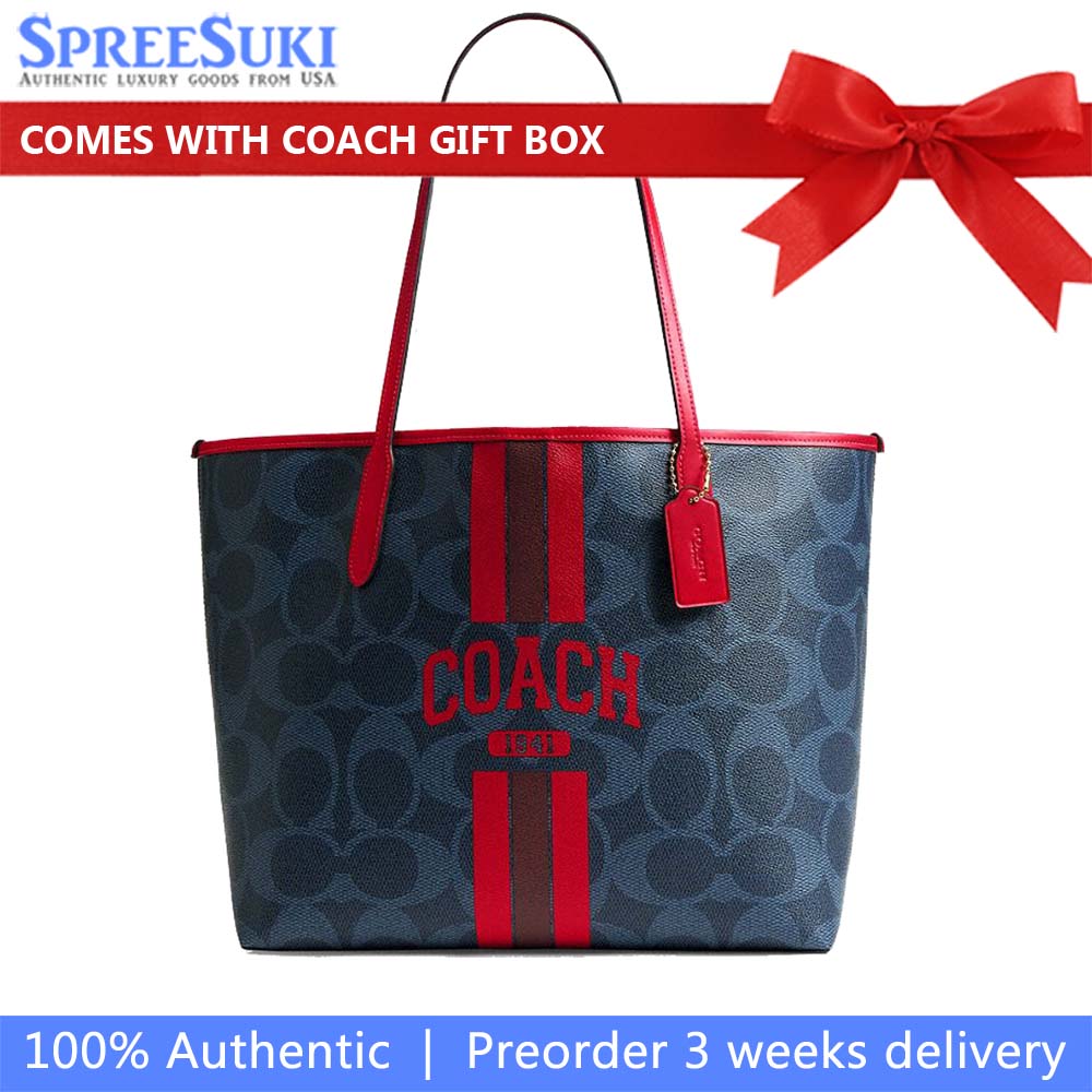 Coach City Tote Bag In Signature Canvas With Coach Graphic Denim Bold Red # CBI79