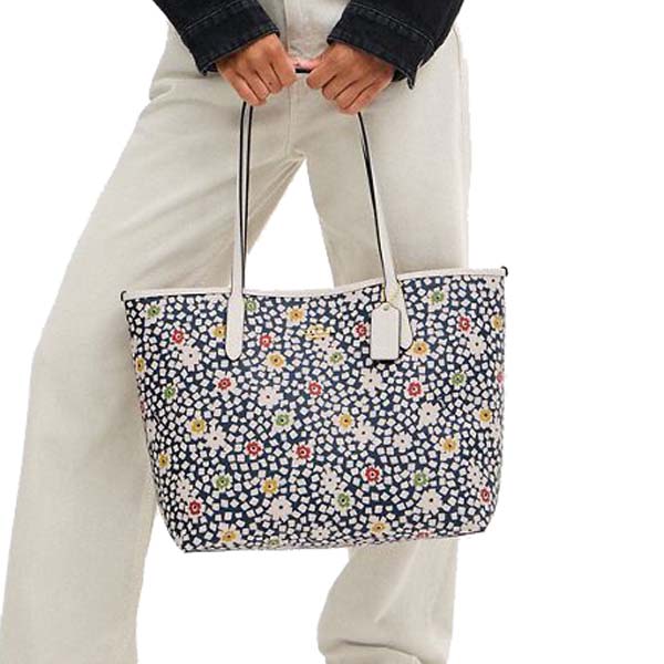 Coach City Tote Bag With Floral Print Deep Blue Chalk Multi # CBI53