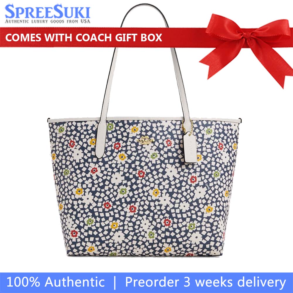 Coach City Tote Bag With Floral Print Deep Blue Chalk Multi # CBI53