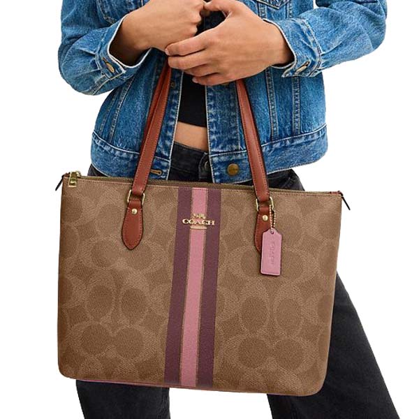 Coach Gallery Tote Bag In Signature Canvas With Stripe Print Tan Multi # CBM18