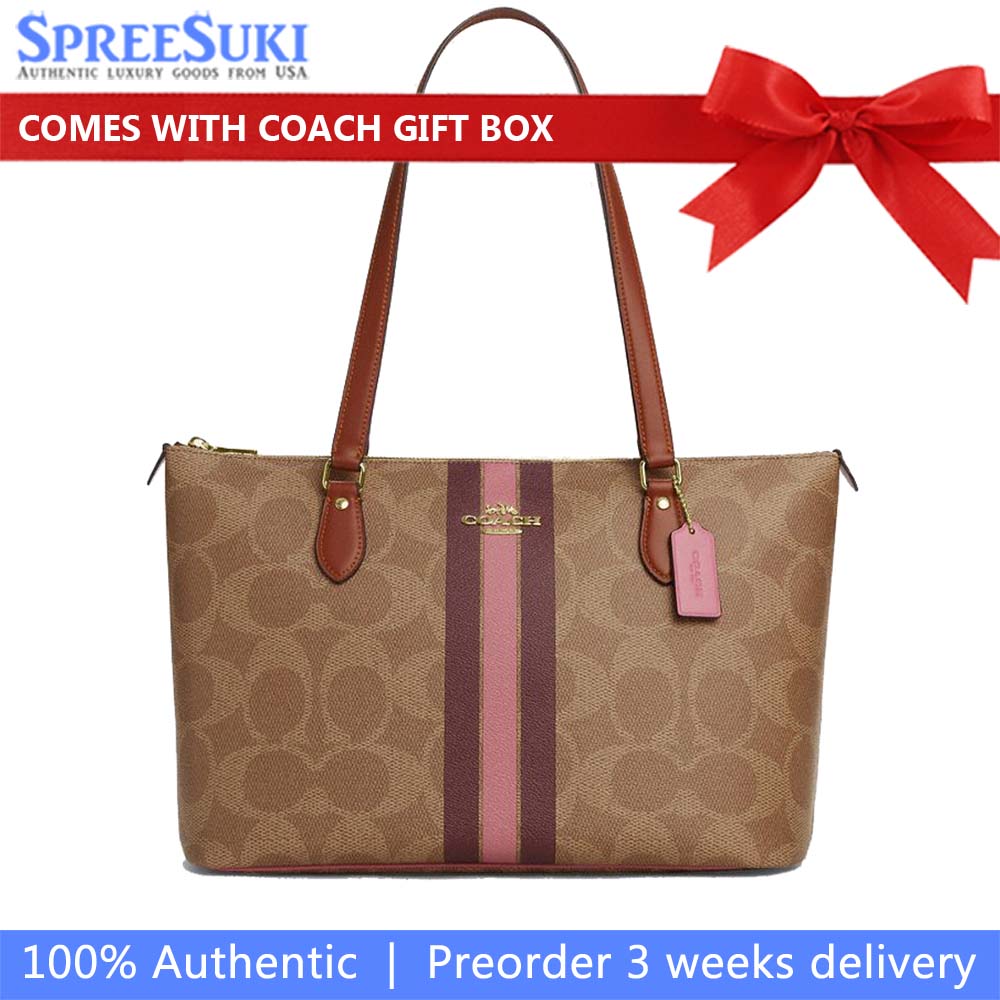 Coach Gallery Tote Bag In Signature Canvas With Stripe Print Tan Multi # CBM18