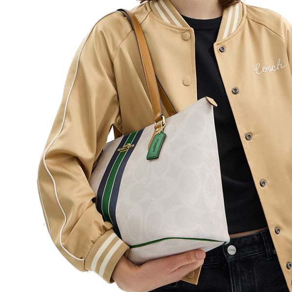 Coach Gallery Tote Bag In Signature Canvas With Stripe Print Chalk Multi # CBM18